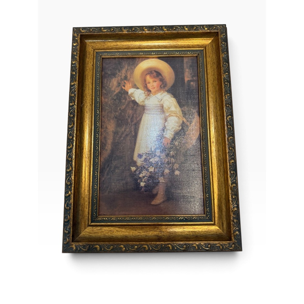 Vintage Style Girl with Wildflowers Portrait Ornate Gold Gilt Frame 10.5x7.5